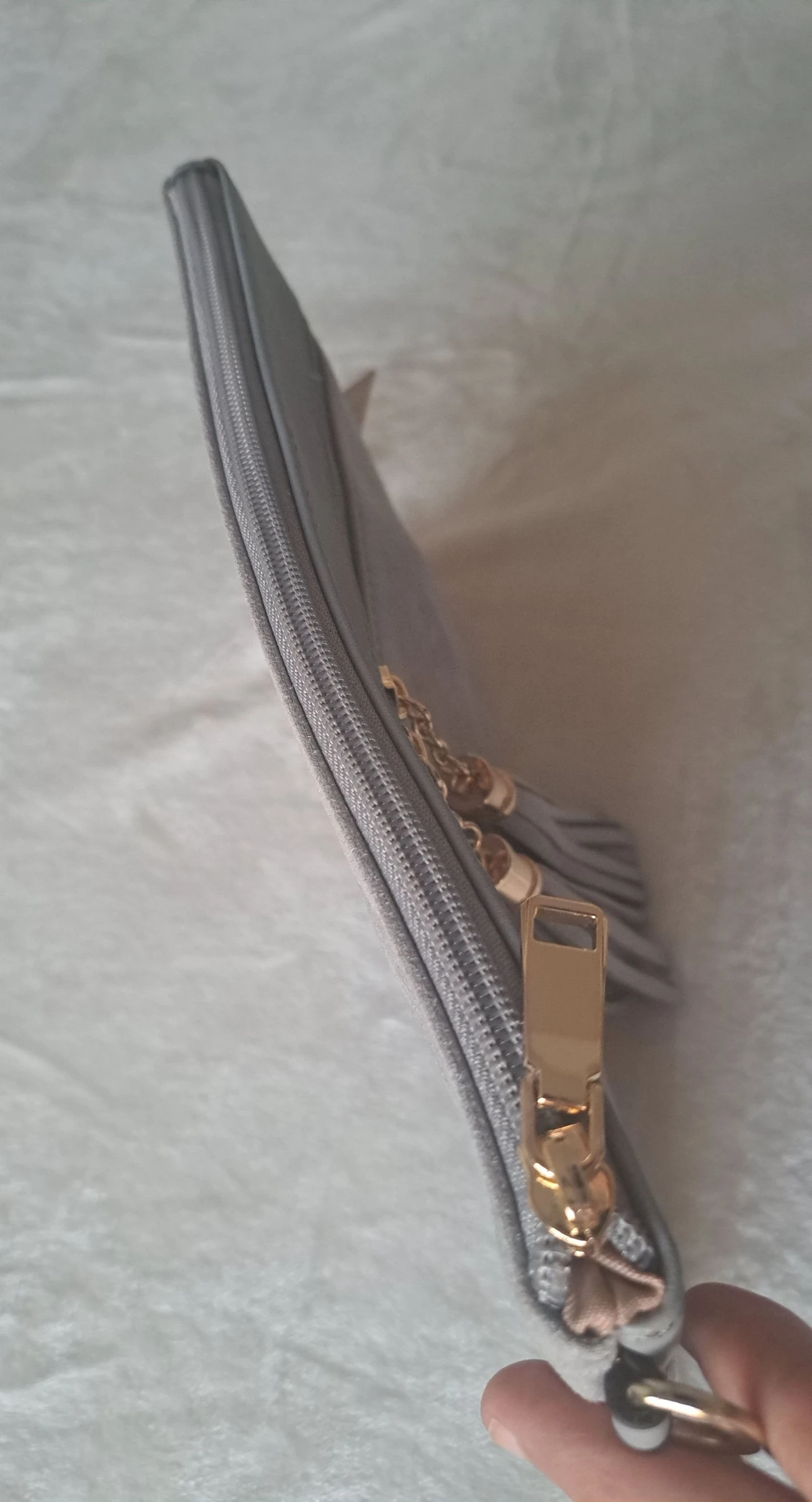 Light Grey Suede Clutch Bag with Tassels • Boho Chic – photo 3